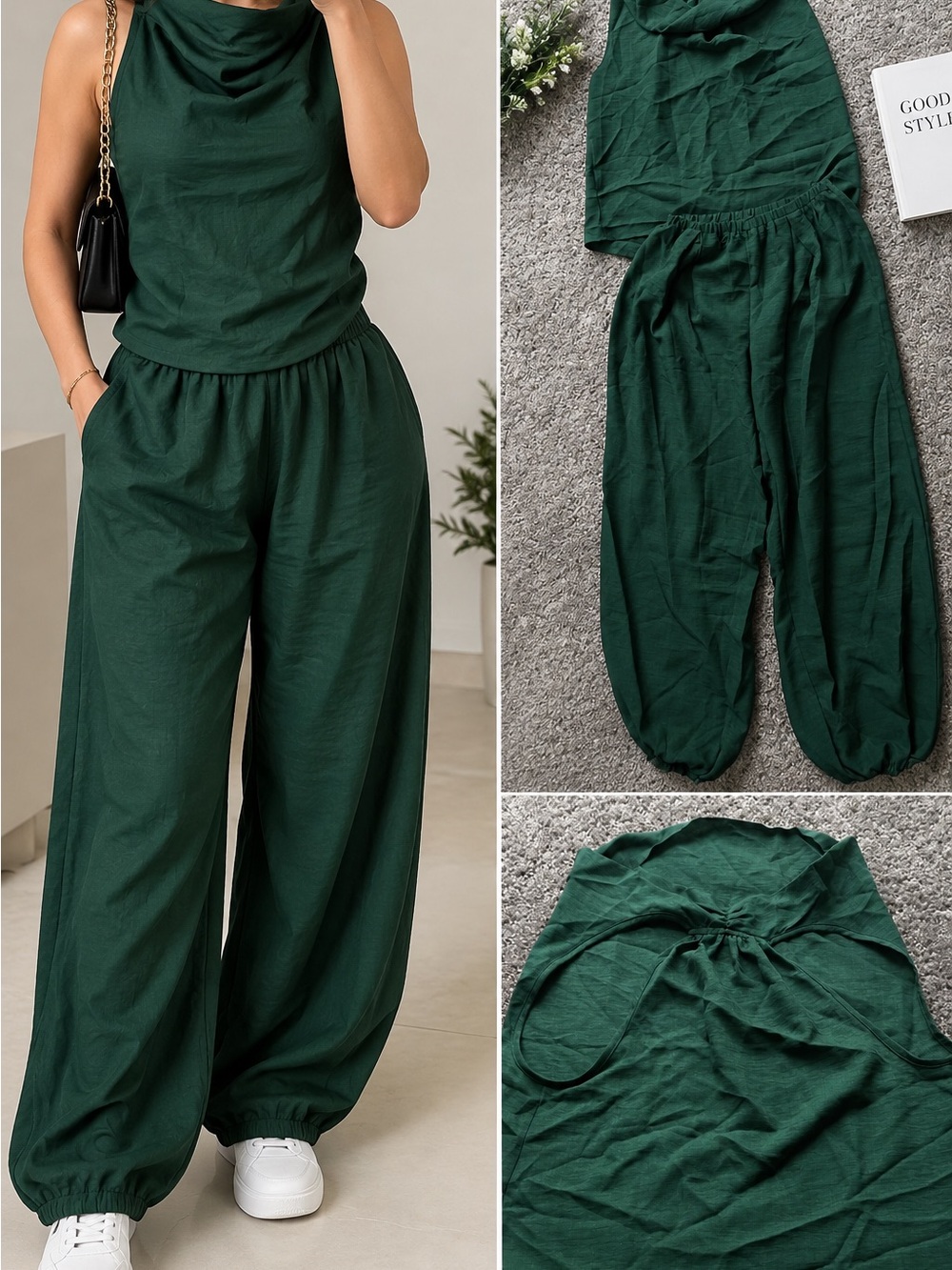 Sleeveless Cowl Neck Wide-Leg Jumpsuit in Forest Green